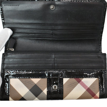 BURBERRY House Check Patent Leather Continental Wallet Black