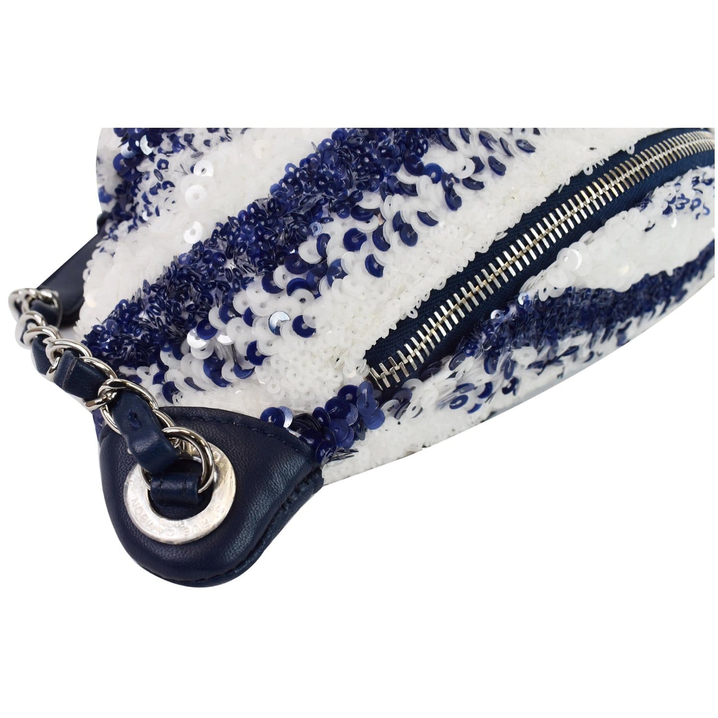 CHANEL Sequin Fanny Pack Leather Waist Bag Blue/White