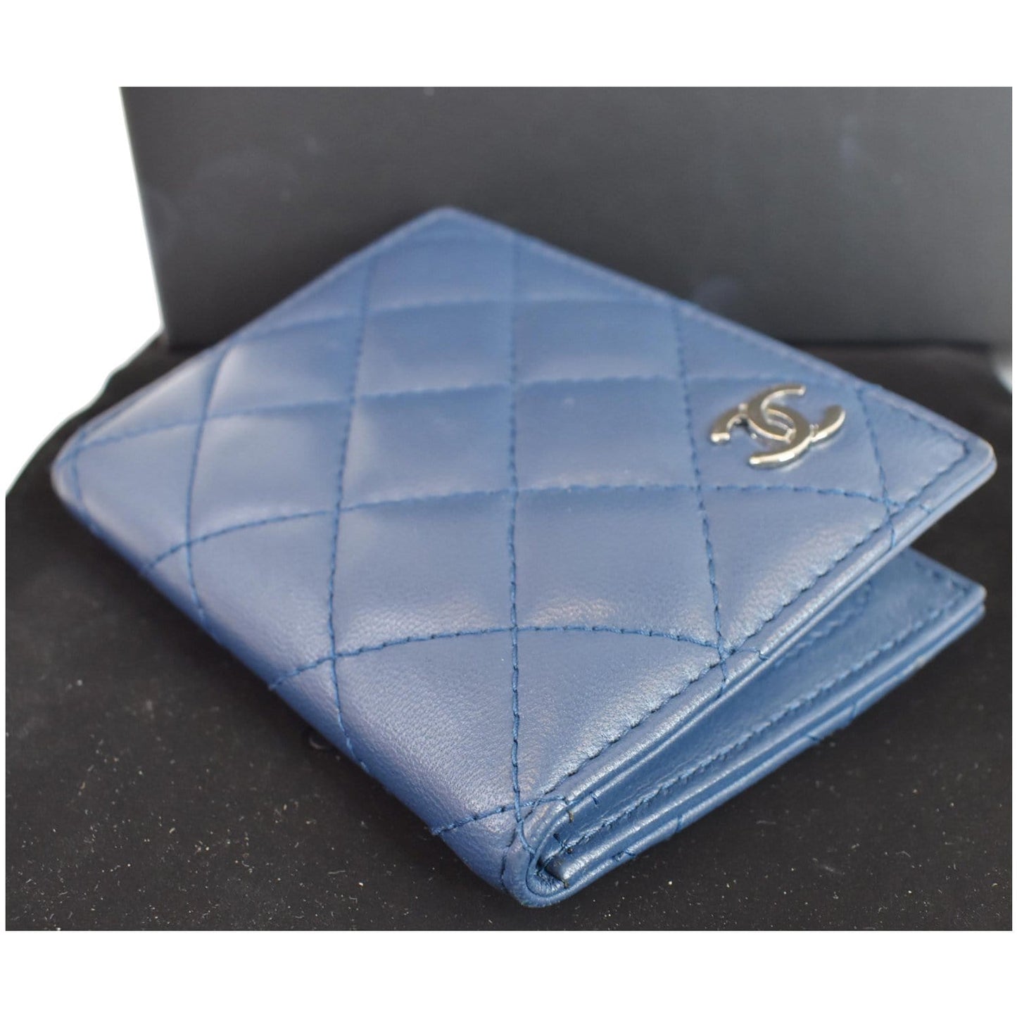 CHANEL Classic Folded Leather Card Holder Wallet Blue