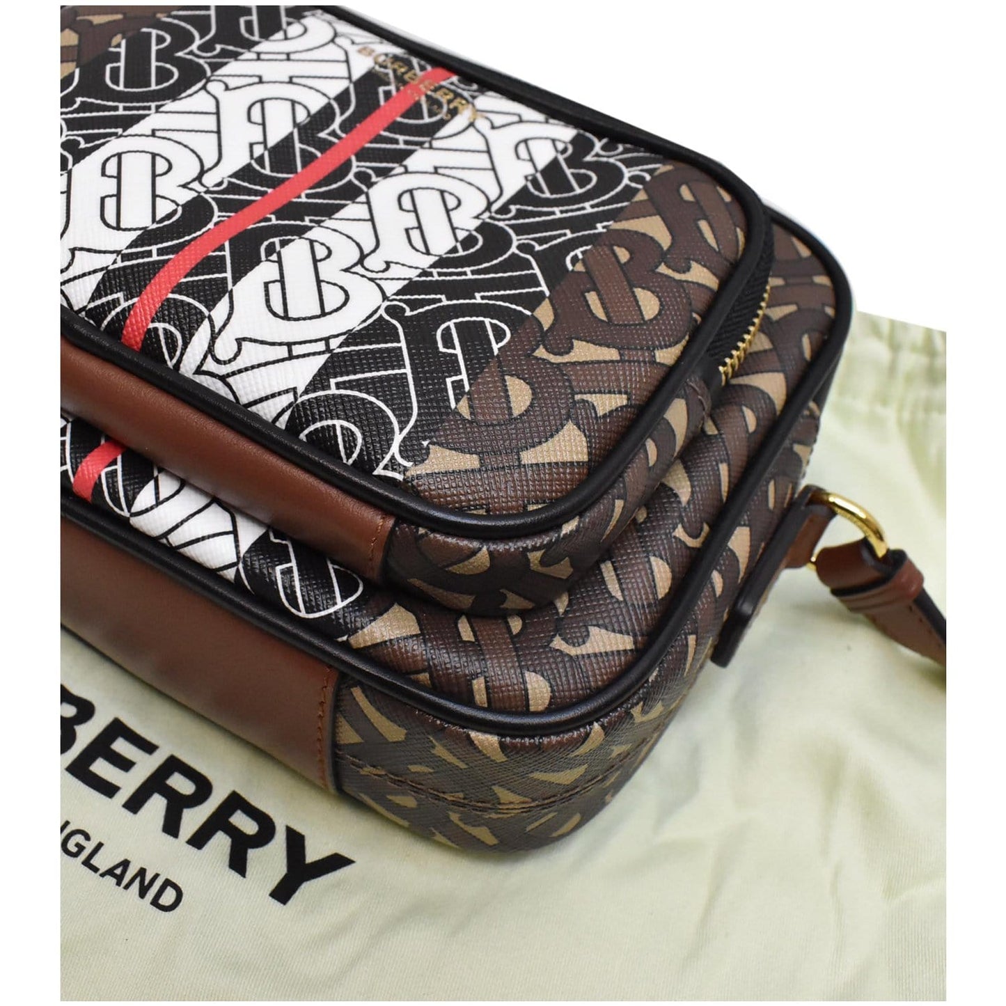 BURBERRY Bridle Stripe Small Monogram E-Canvas Camera Bag Brown