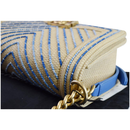 CHANEL Medium Boy Chevron Cotton Mixed Fibers Shoulder Bag Beige