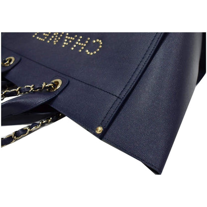 CHANEL Deauville Studded Caviar Tote Shoulder Bag Blue