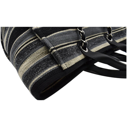 CHANEL Deauville Medium Striped Tweed Canvas Tote Bag Black/Grey