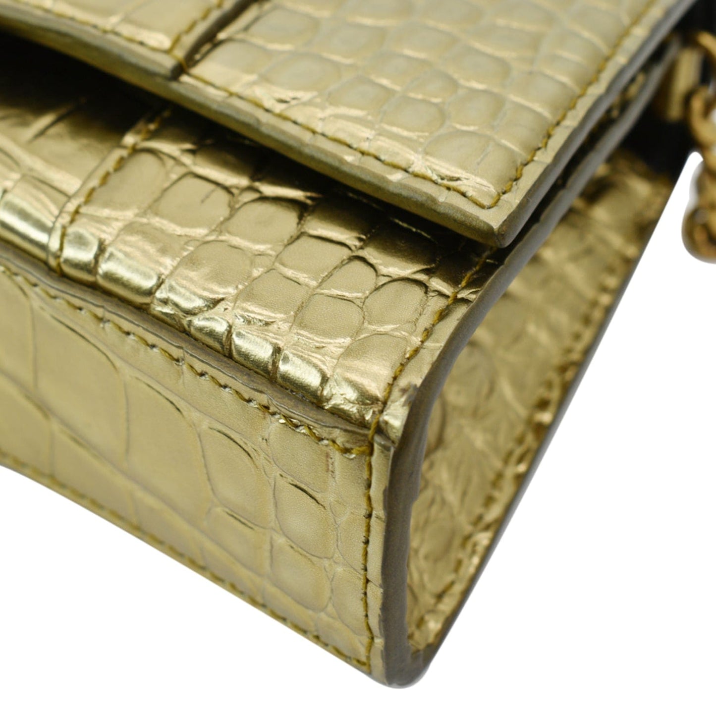 BALENCIAGA Hourglass Metallized Crocodile Embossed Wallet on Chain Crossbody Bag Gold