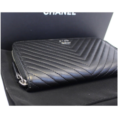 CHANEL Lambskin Chevron Zip Around Wallet Black