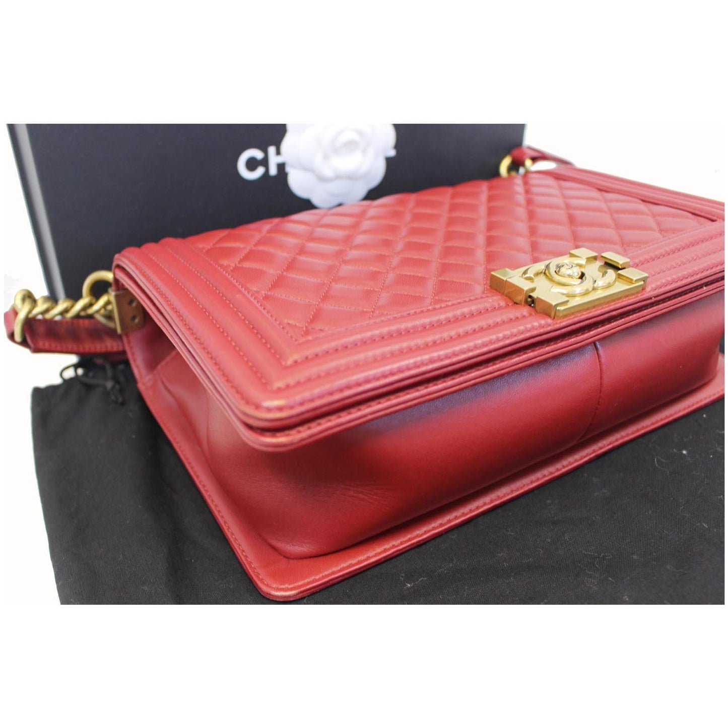 CHANEL Medium Boy Flap Lambskin Leather Shoulder Bag Red