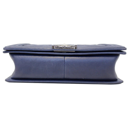CHANEL New Medium Boy Flap Calfskin Double Stitch Shoulder Bag Navy