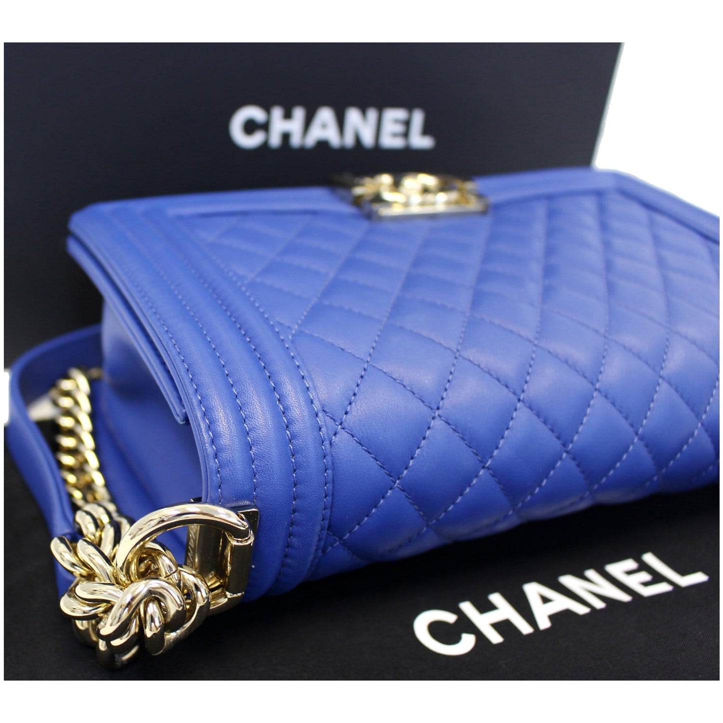 CHANEL Boy Medium Lambskin Leather Shoulder Bag Blue