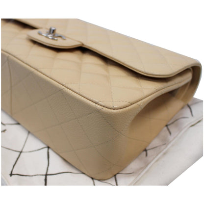 CHANEL Jumbo Double Flap Caviar Leather Shoulder Bag Beige