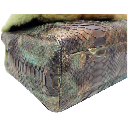 CHANEL Jumbo Classic Fur and Python Leather Flap Shoulder Bag Green - 25% OFF