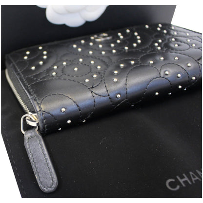 CHANEL Camellia Long Zippy studded Wallet Black