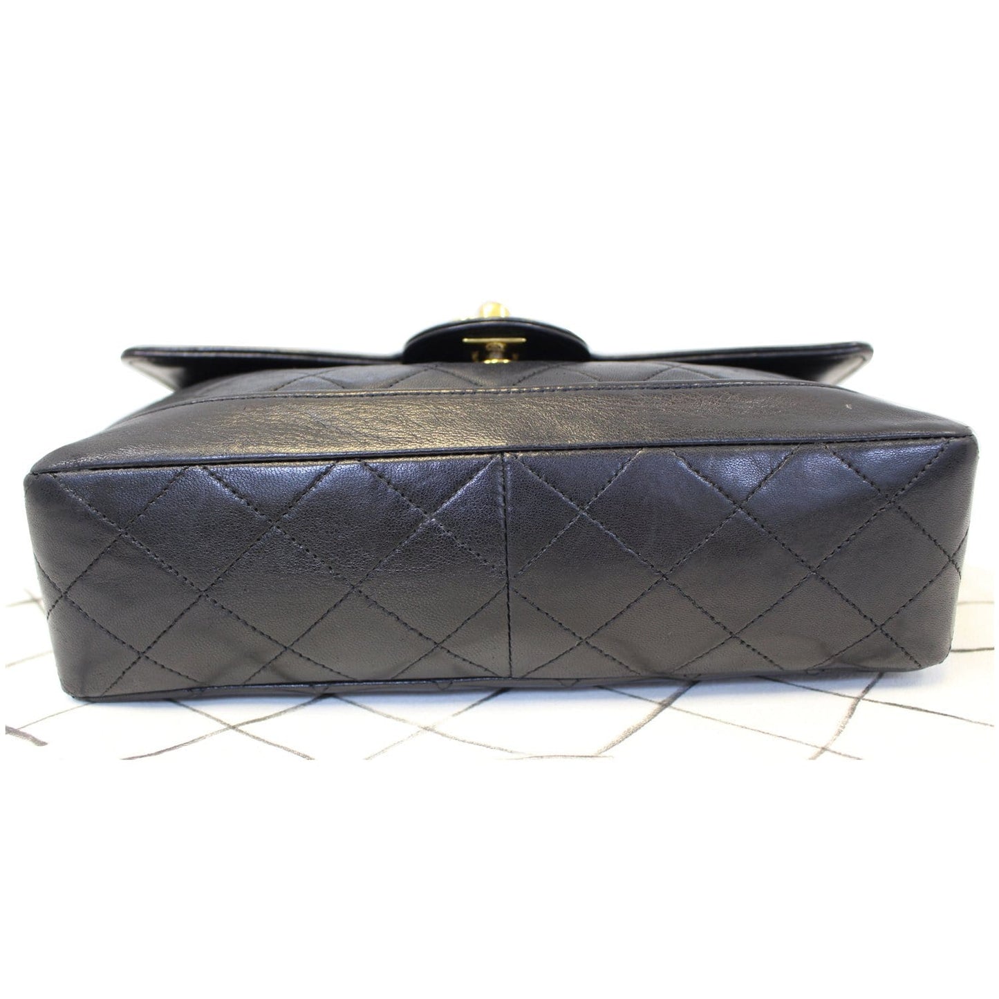 CHANEL Vintage Quilted Lambskin Leather Line Flap Bag Black