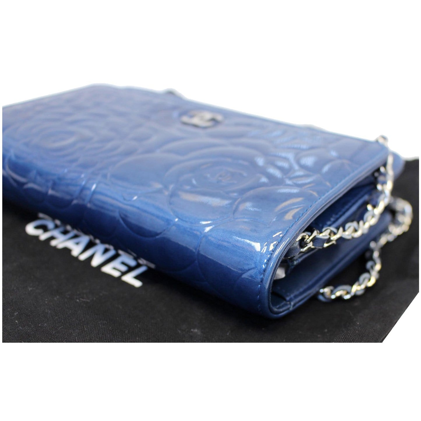 CHANEL Camellia Patent Leather Wallet on Chain WOC Royal Blue