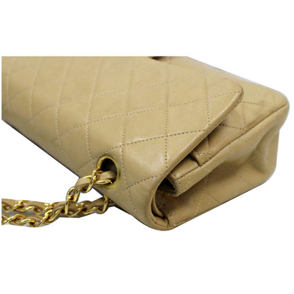 CHANEL CC Double Flap Calfskin Leather Chain Shoulder Bag Beige