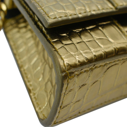 BALENCIAGA Hourglass Metallized Crocodile Embossed Wallet on Chain Crossbody Bag Gold