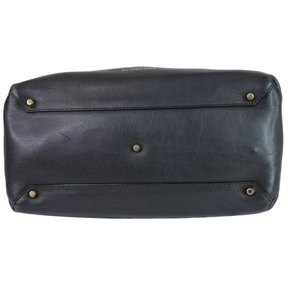 BURBERRY House Check Medium Banner Calf Leather Tote Bag Black