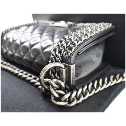 CHANEL Small Boy Embellished Chain Lambskin Shoulder Bag Black