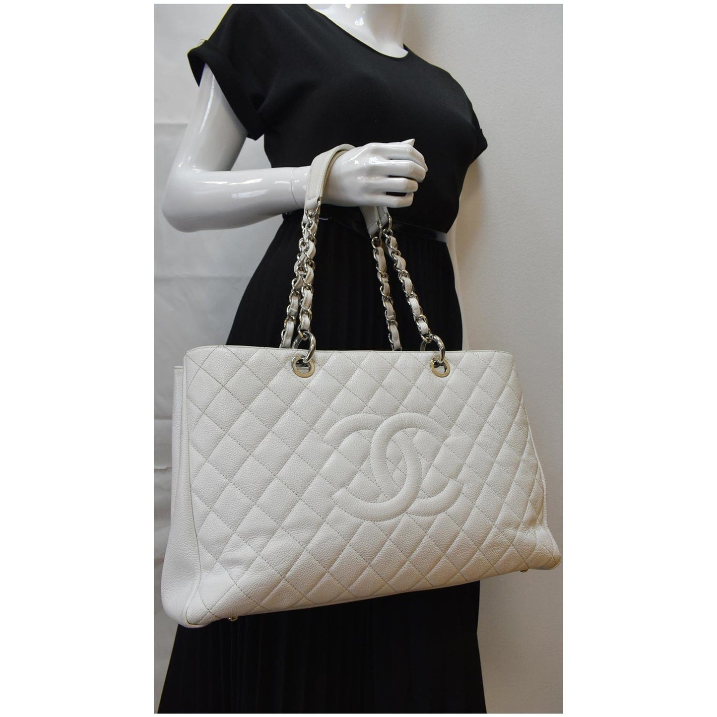 CHANEL XL Grand Quilted Caviar Leather Shopping Tote Bag White