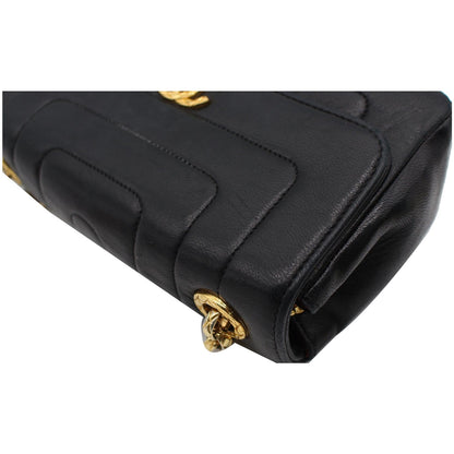 CHANEL Vintage Border Flap Lambskin Shoulder Bag Black