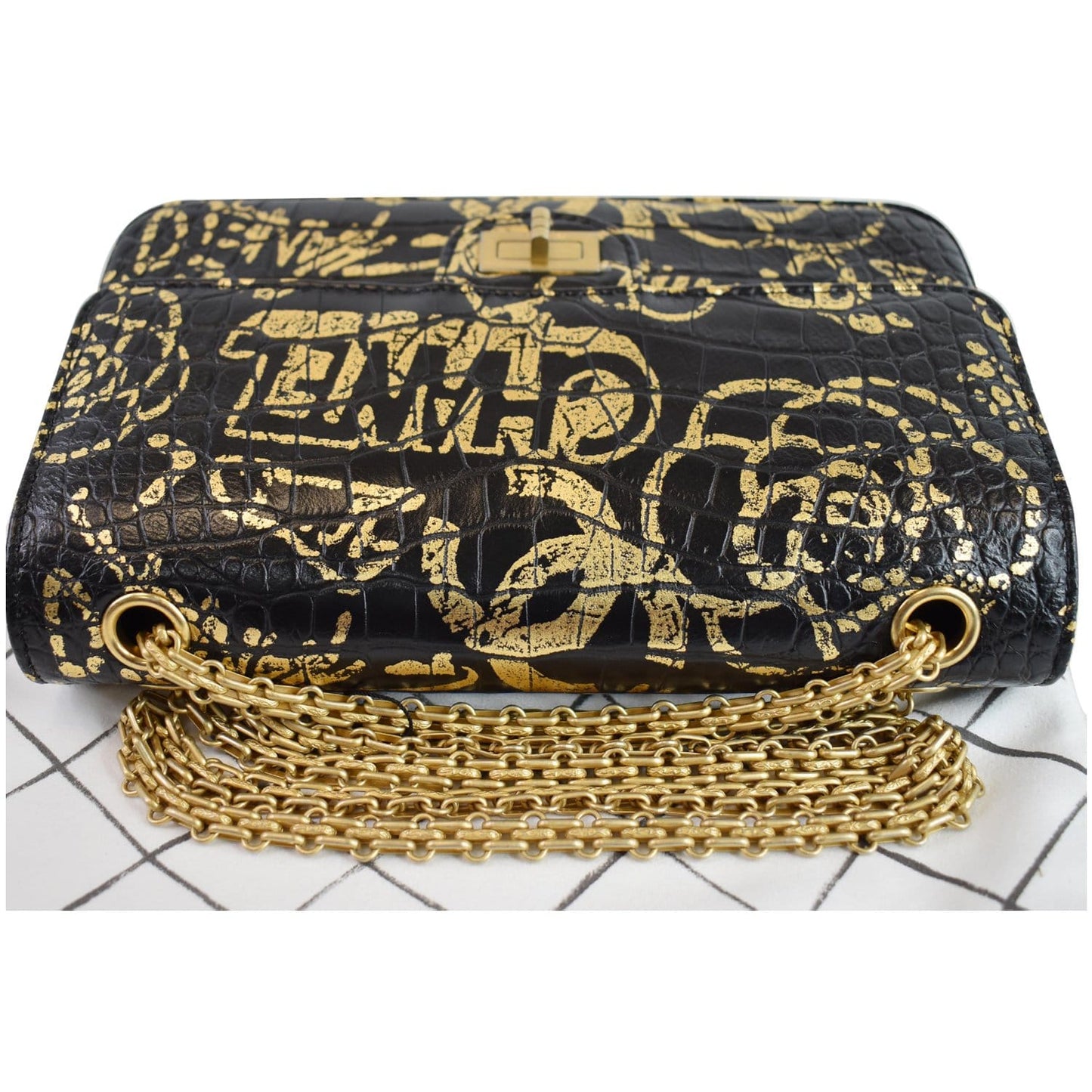 CHANEL Reissue 2.55 Flap Crocodile Embossed Graffiti Shoulder Bag Black