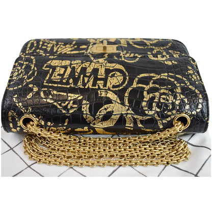 CHANEL Reissue 2.55 Flap Crocodile Embossed Graffiti Shoulder Bag Black