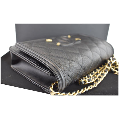 CHANEL CC Filigree Small Flap Caviar Leather Shoulder Bag Black