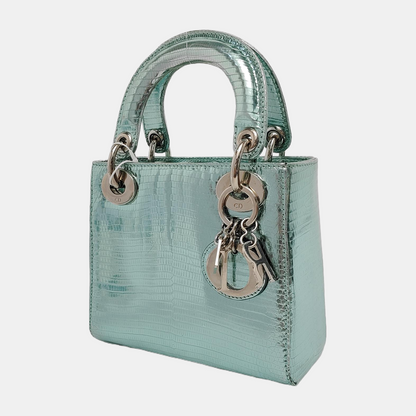 Lady Dior Mini Metallic Light Blue Lizard Skin Leather Silver Hardware Chain Strap