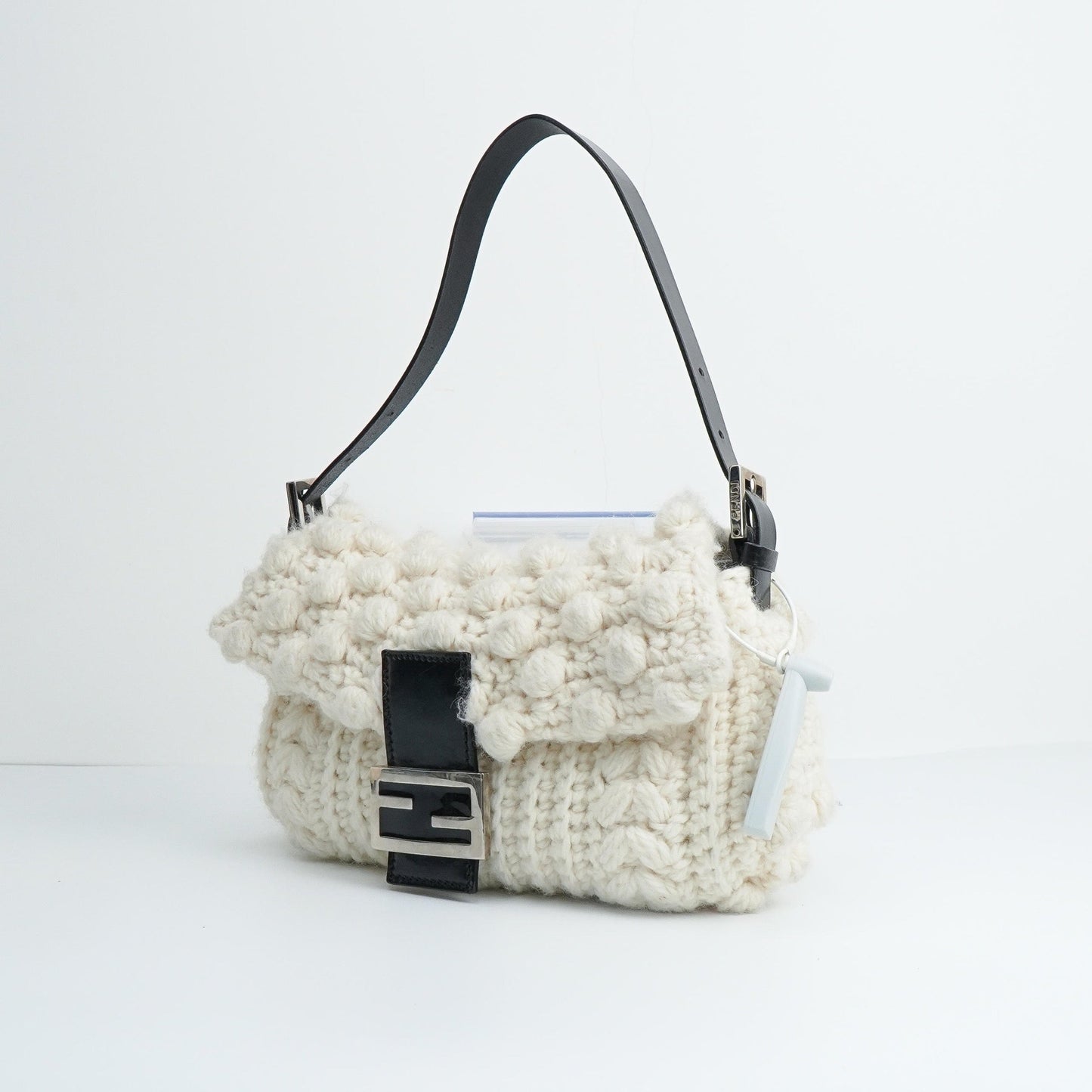 Fendi Baguette Bag White Wool Pompom Shoulder Bag