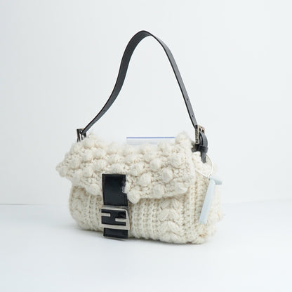 Fendi Baguette Bag White Wool Pompom Shoulder Bag