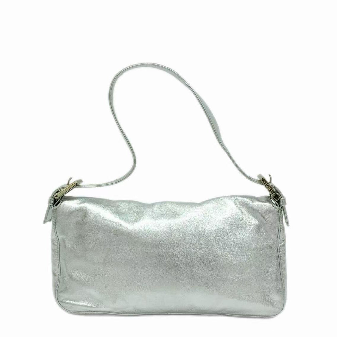 FENDI Baguette Silver Lambskin Leather Crystal Buckle Shoulder Bag