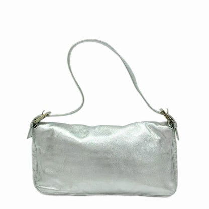 FENDI Baguette Silver Lambskin Leather Crystal Buckle Shoulder Bag