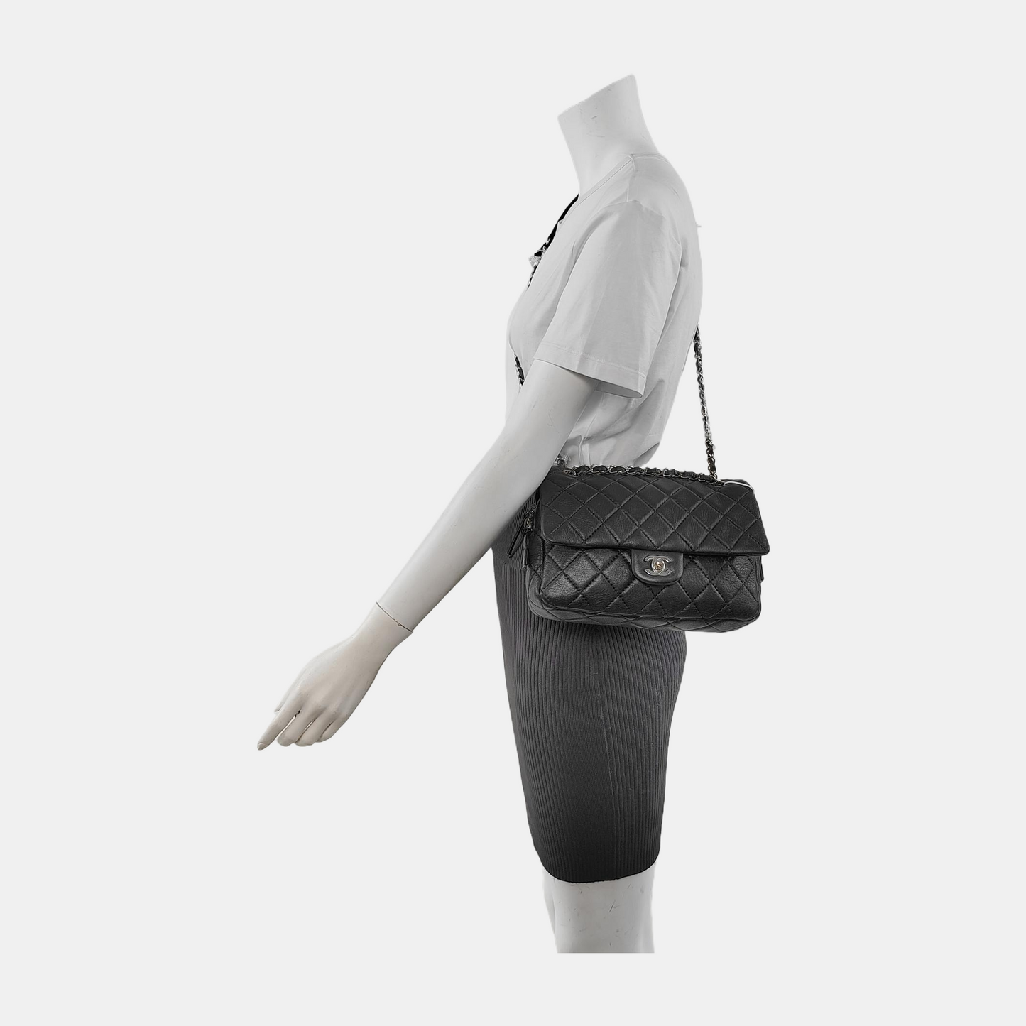 Chanel Medium Black Calfskin Leather Flap and Zipper Bag Silver Hardware, 2015