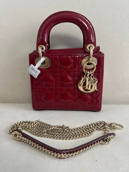 Lady Dior Mini Handbag Burgundy Red Patent Leather Gold-tone Chain Strap 2020 Suede Interior