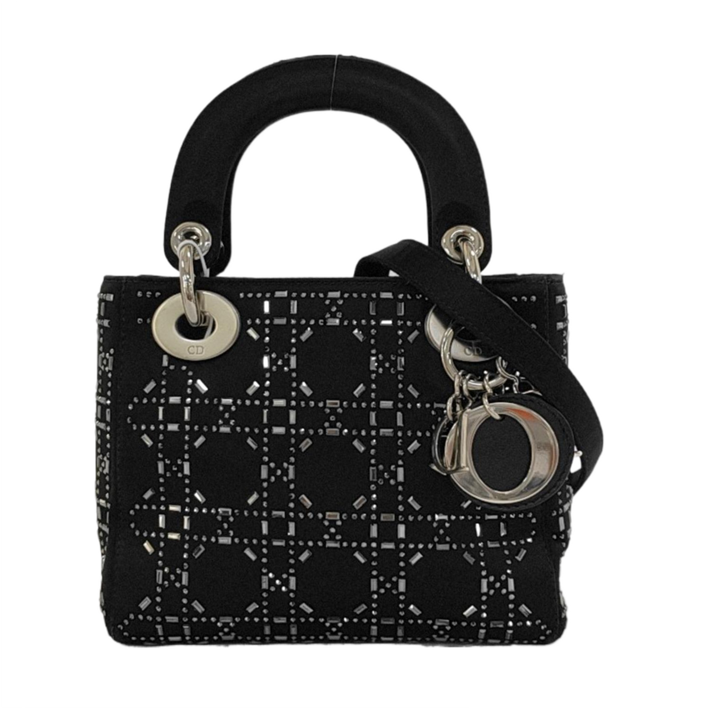 Lady Dior Mini Black Silk with Crystals Silver Hardware