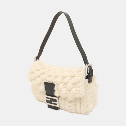 Fendi Baguette Bag White Crochet Knit Wool Pompom Shoulder Bag