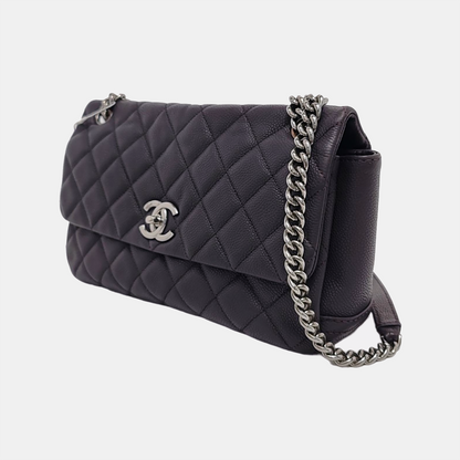 Chanel Single Flap Bag Raisin Dark Purple Calfskin Caviar Leather Silver Chain 2012