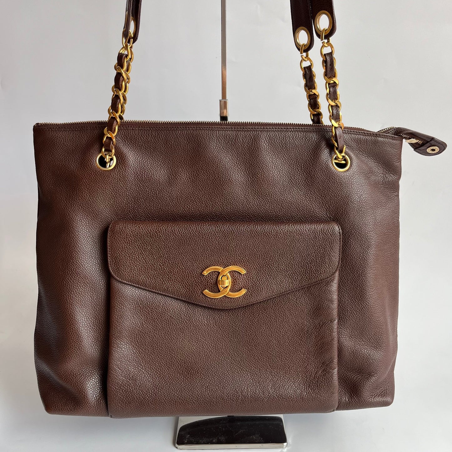 Chanel Vintage Front Pocket Tote Chocolate Brown Caviar Leather Double Gold Leather Chain
