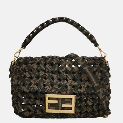 Fendi Baguette Mini Canvas Crochet Zucca Dark Green and Gold Hardware