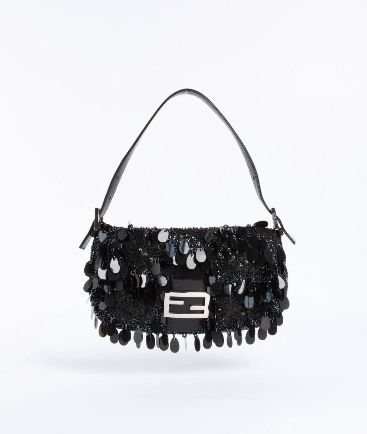 Fendi Baguette with Black Swan Feather-like sequin rufffles RARE