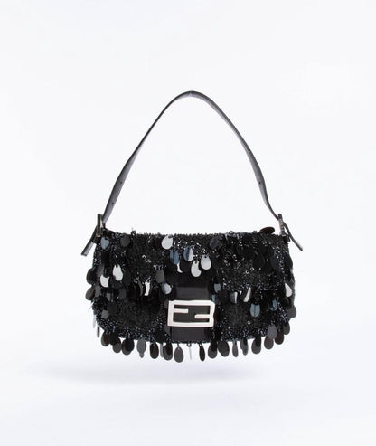 Fendi Baguette with Black Swan Feather-like sequin rufffles RARE