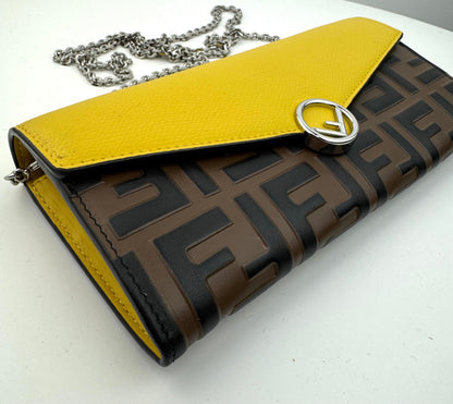 Fendi Continental Wallet with Chain in Yellow Leather