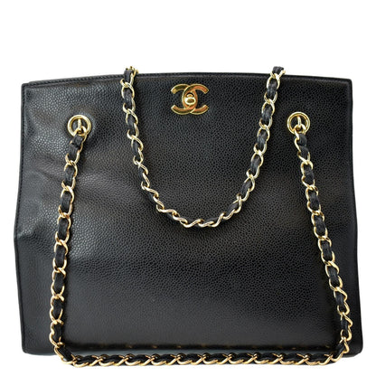 CHANEL Vintage CC Chain Caviar Leather Shopping Tote Bag Black