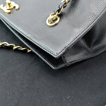 CHANEL Vintage CC Chain Caviar Leather Shopping Tote Bag Black