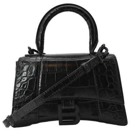 BALENCIAGA Hourglass Leather Tote Crossbody Bag Black