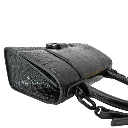 BALENCIAGA Hourglass Leather Tote Crossbody Bag Black