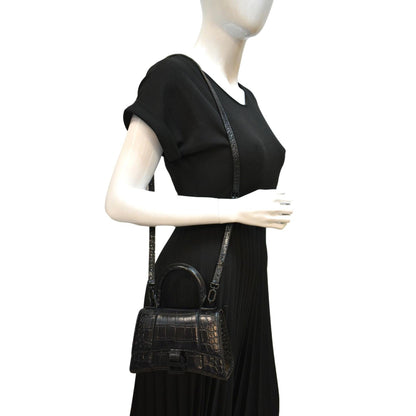 BALENCIAGA Hourglass Leather Tote Crossbody Bag Black