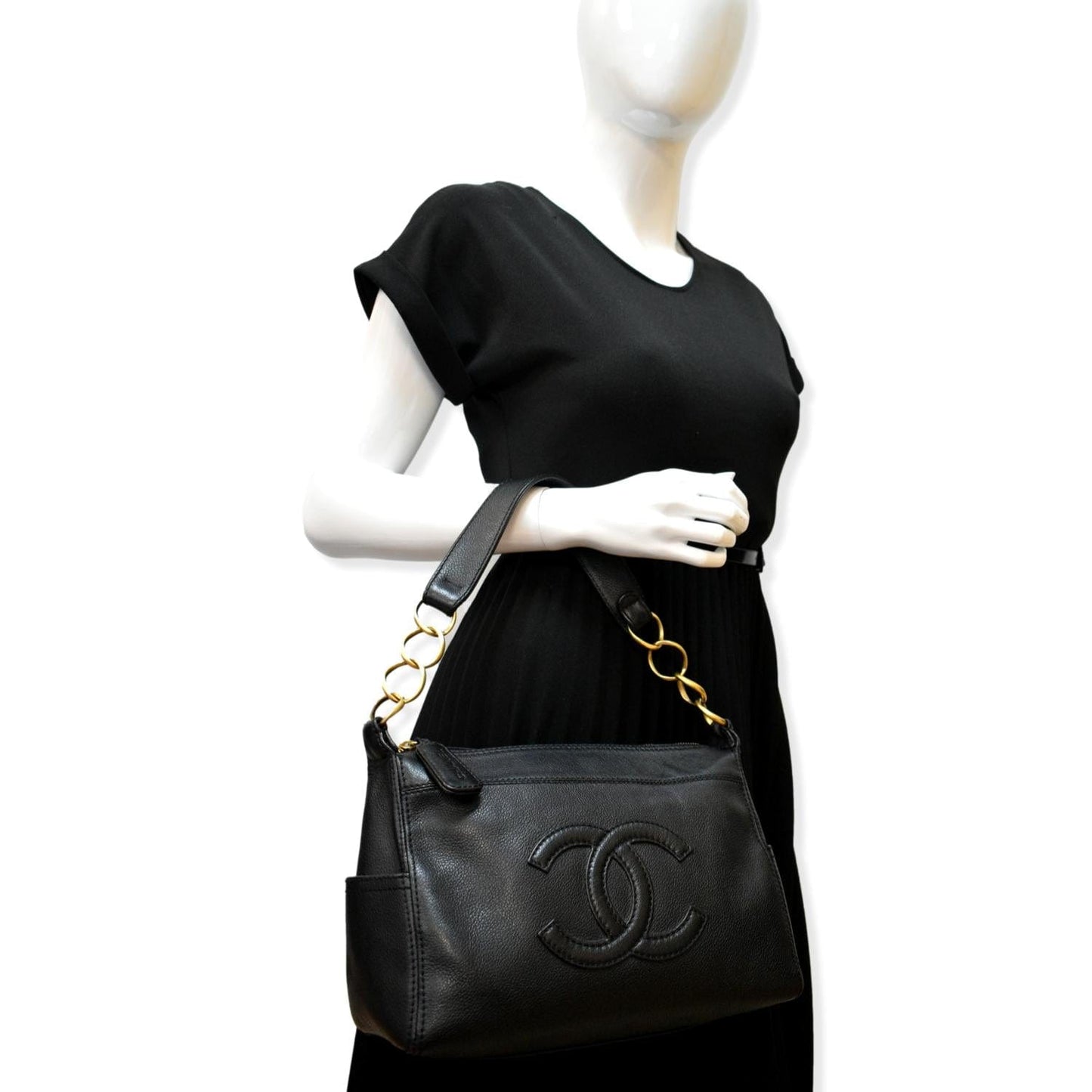 CHANEL CC Calfskin Leather Ring Chain Satchel Bag Black