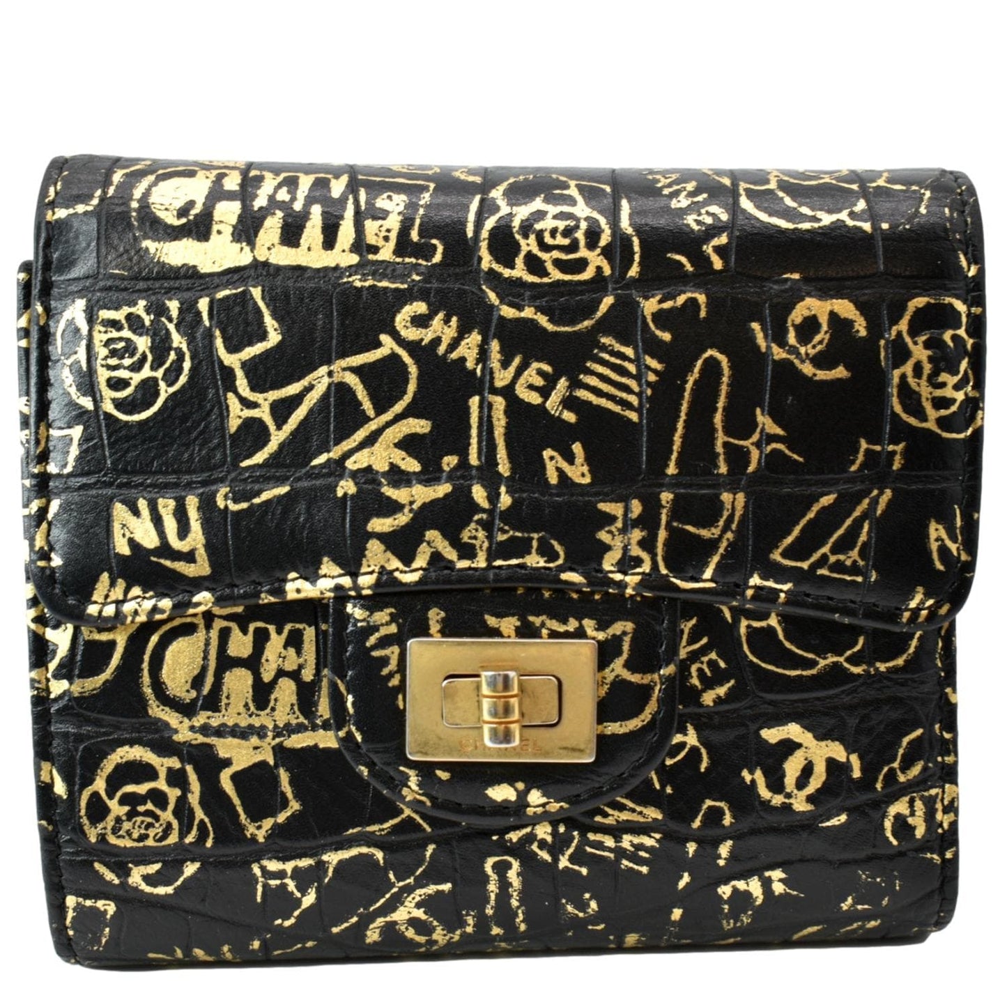 CHANEL Reissue Graffiti Crocodile Embossed Calfskin Leather Wallet Gold