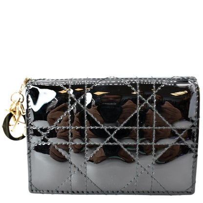 CHRISTIAN DIOR Mini Lady Dior Cannage Calfskin Leather Compact Wallet Black