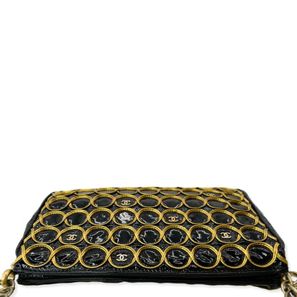 CHANEL CC Embroidered Patent Quilted Chain Clutch Bag Black/Gold